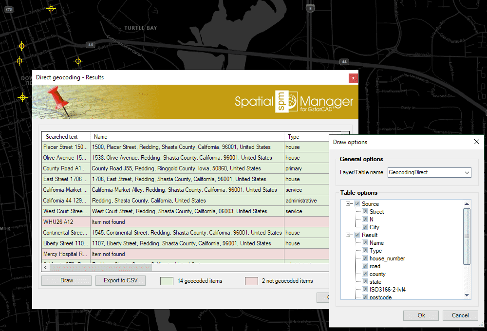 Direct geocoding results and draw parameters