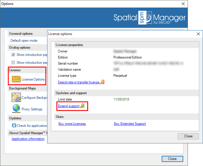 Spatial Manager™ for ZWCAD Activate support window