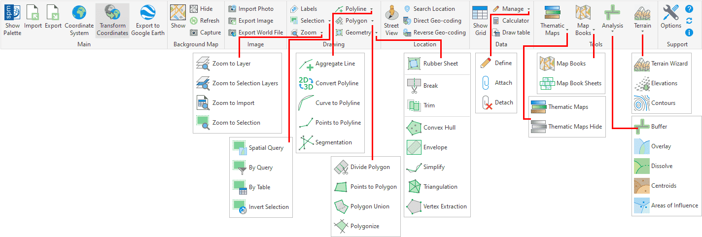 Spatial Manager™ for GstarCAD Ribbon (All commands can also be found in the drop-down Menu and Toolbar of Spatial Manager)