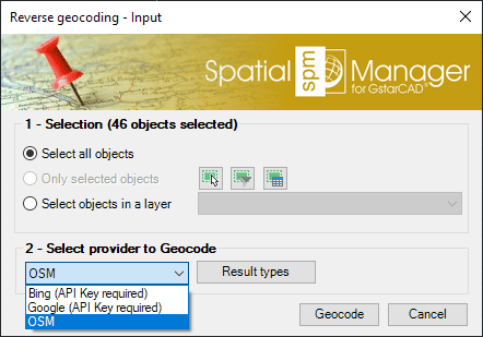 Reverse geocoding entities selection and geocoding parameters