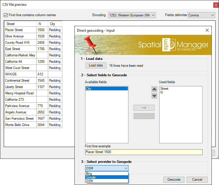 Direct geocoding file preview and geocoding parameters
