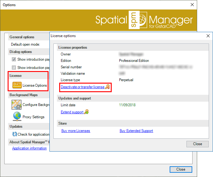 Spatial Manager™ for GstarCAD Deactivate licenses window
