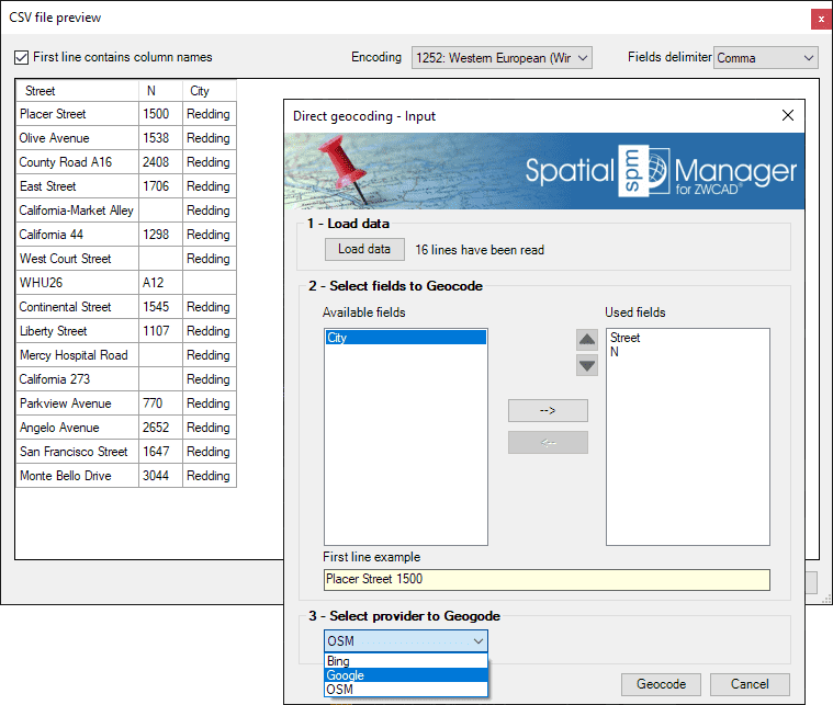 Direct geocoding file preview and geocoding parameters