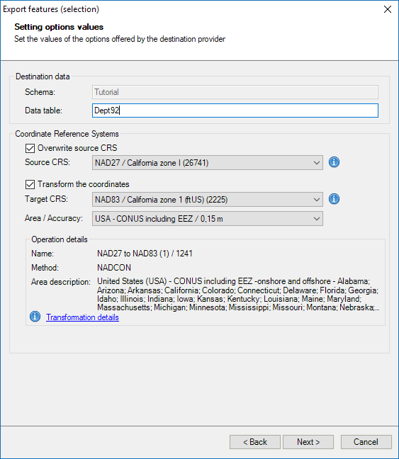Exporting Wizard - Transformation of Coordinates