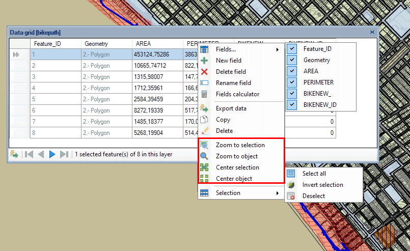 View functions in the contextual menu of the Data grid