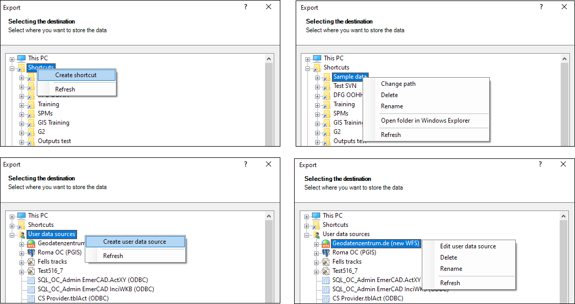 Contextual options in the Export window