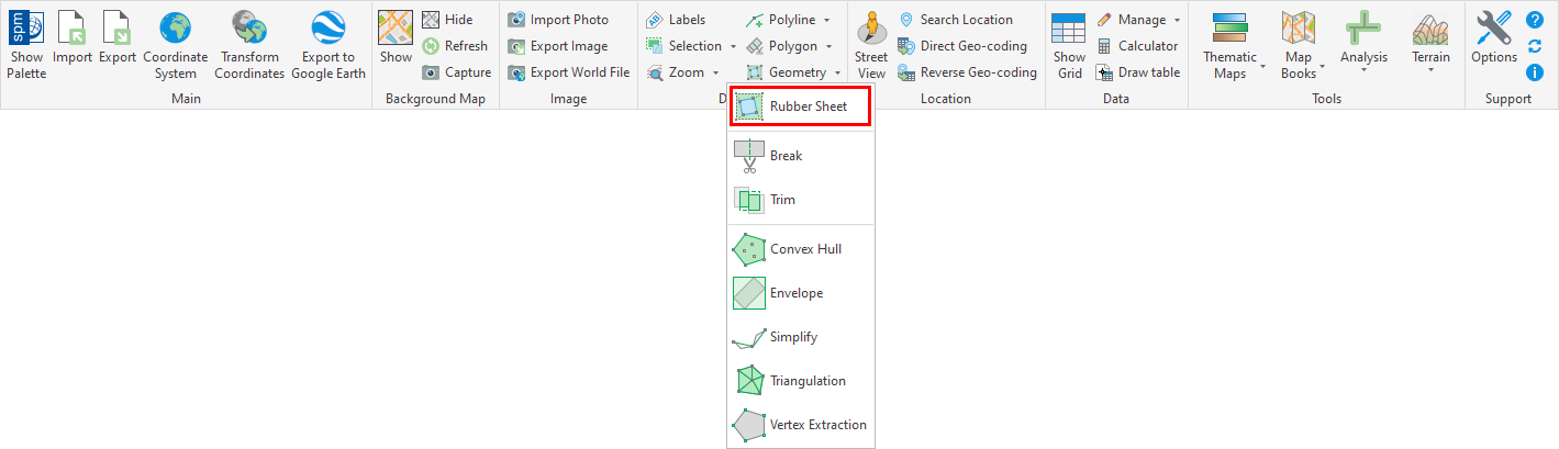 Rubber Sheet command in the Spatial Manager™ for BricsCAD ribbon