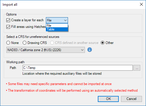 "Import all" basic options window
