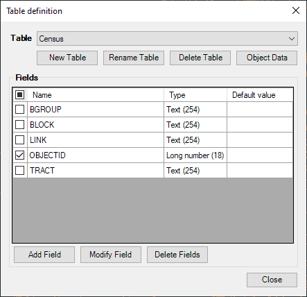 Table definition window