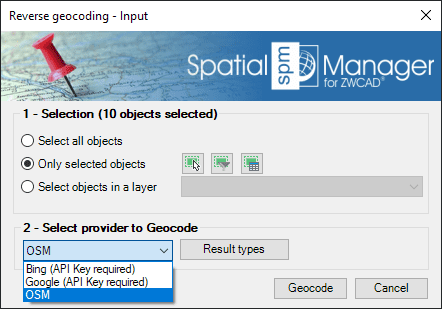 Reverse geocoding entities selection and geocoding parameters