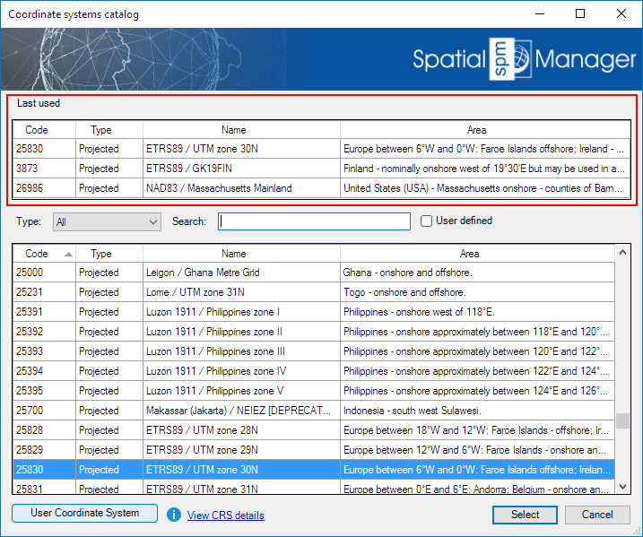 Last used CRSs in the Catalog window