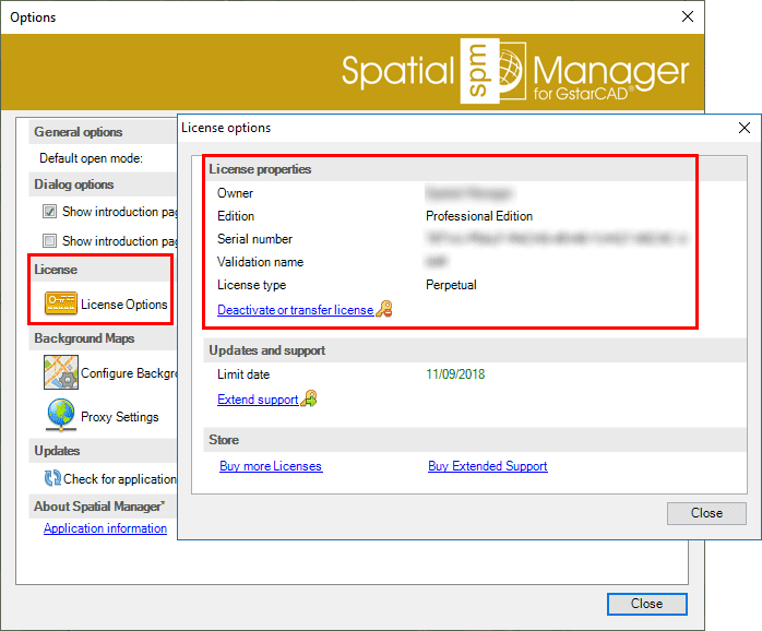 Spatial Manager™ for GstarCAD Activate licenses window