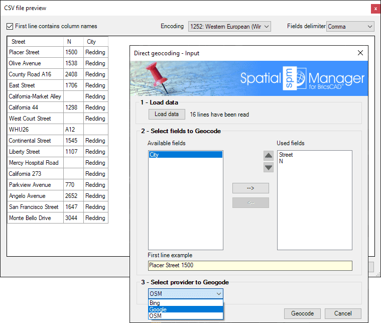 Direct geocoding file preview and geocoding parameters