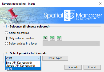 Reverse geocoding entities selection and geocoding parameters