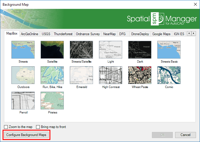 "Configure User Maps" button in the Background Maps selection window