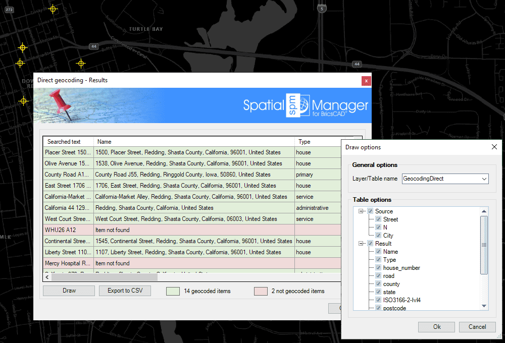 Direct geocoding results and draw parameters